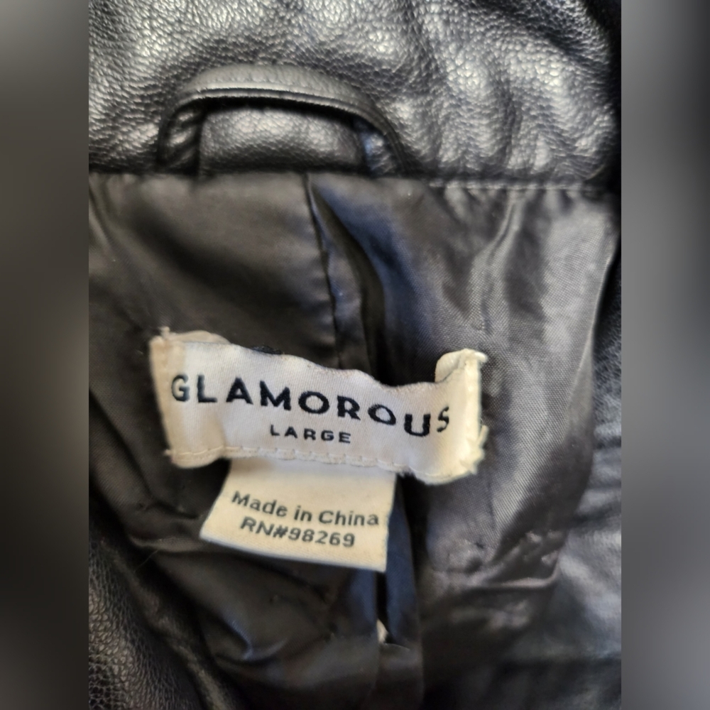 GLAMOROUS QUILTED BLACK FAUX LEATHER MOTORCYCLE JACKET SIZE L - Picture 5 of 6